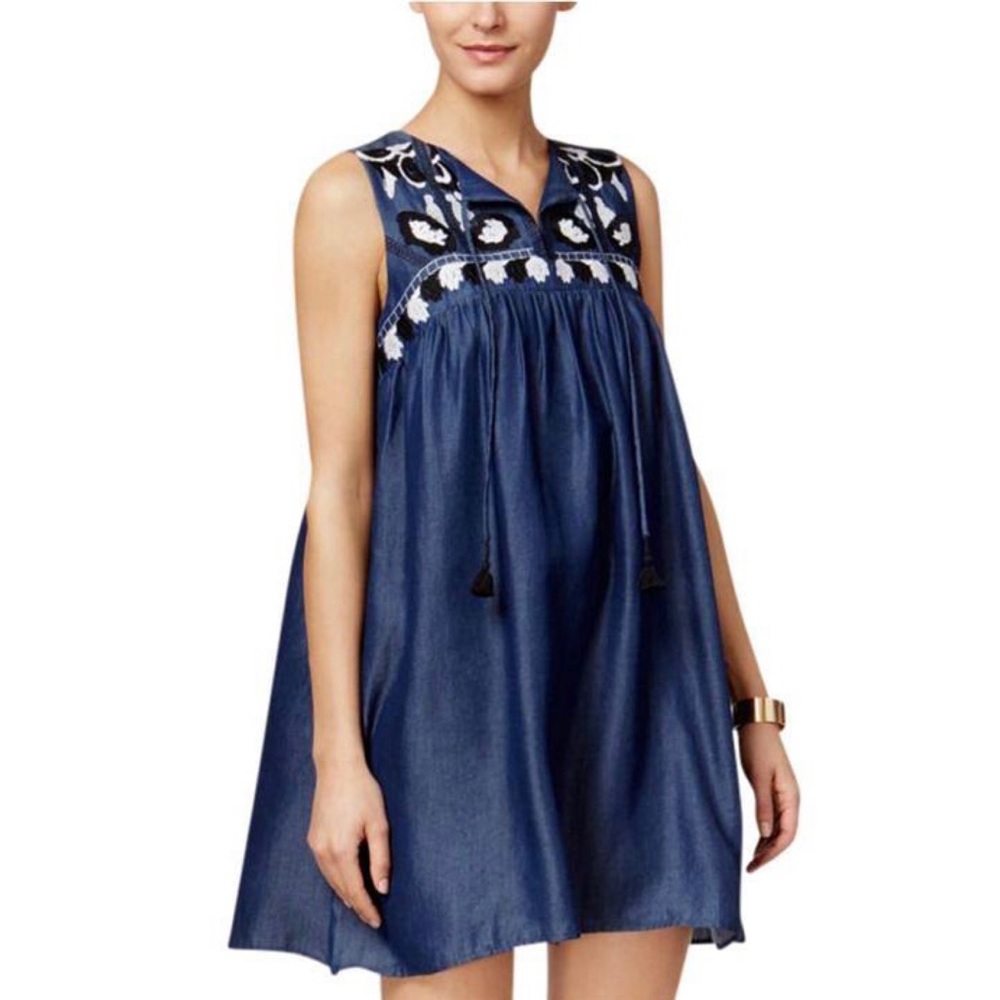 Cece 🌈 Embroidered Chambray Dottie Shift Dress in Caviar Denim - Picture 16 of 16